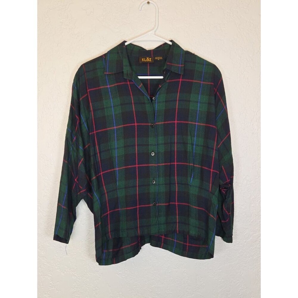 Women's Kloz Plaid Button Down Top 3/4 Sleeve Medium